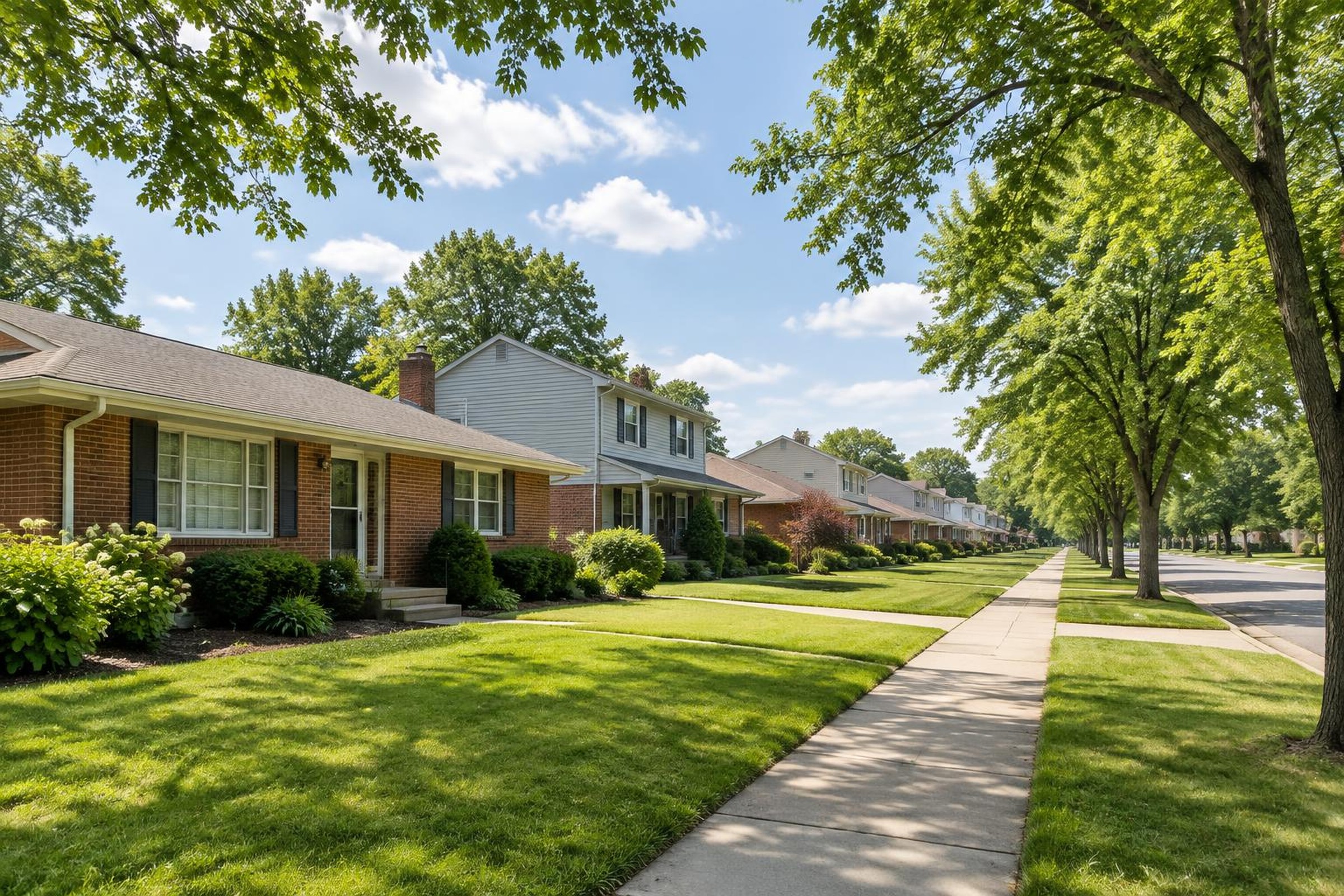 A bright tree-lined residential street with modest houses receding down the block.