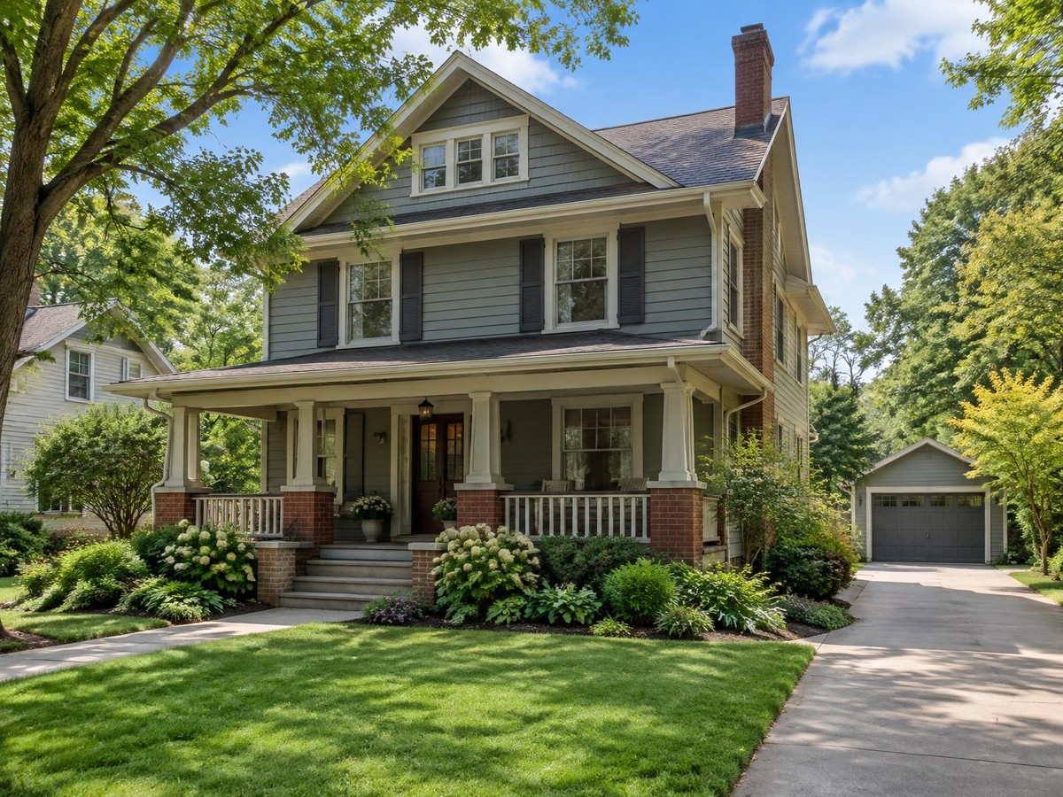 An older, well-kept two-story house with mature landscaping and a deep front porch.