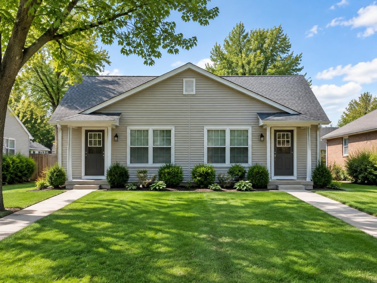 A well-kept side-by-side duplex with two entrances.